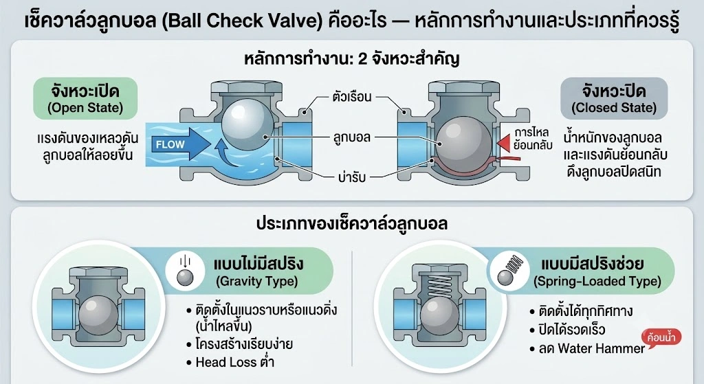 หลักการทำงาน เช็ควาล์วลูกบอล